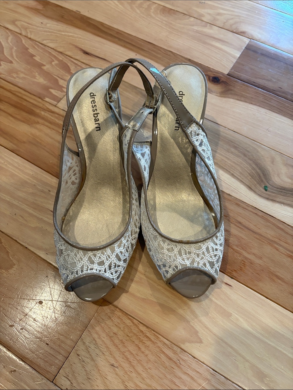 Dressbarn Taupe Lace Peep-Toe Slingback Heels